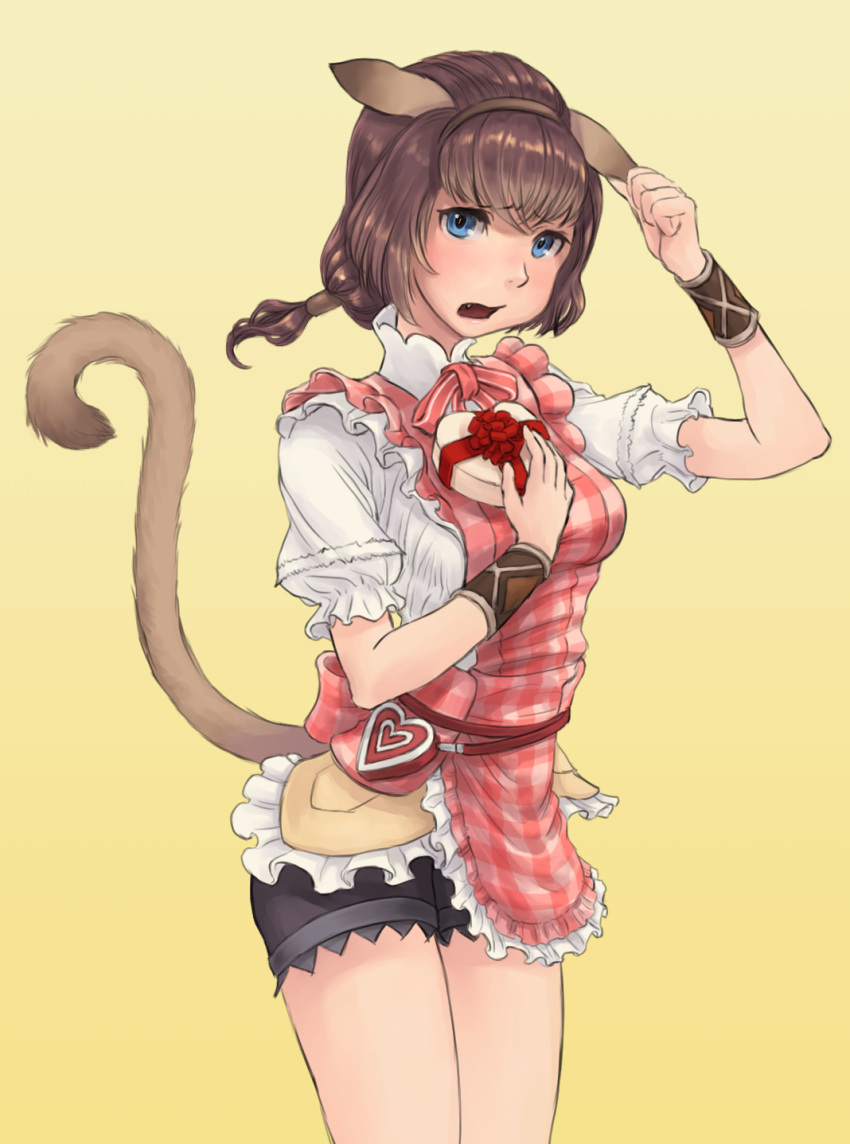 1girl animal_ears apron avatar_(ff11) black_shorts box breasts brown_hairband brown_tail cactus41747280 cat_ears cat_girl cat_tail commentary_request fang final_fantasy final_fantasy_xi frilled_apron frills furrowed_brow gradient_background hairband hand_on_own_ear heart heart-shaped_box highres medium_breasts medium_hair mithra_(ff11) neck_ribbon open_mouth pink_apron pink_pupils pink_ribbon plaid plaid_apron puffy_short_sleeves puffy_sleeves ribbon shirt short_sleeves shorts solo standing tail tail_raised white_shirt