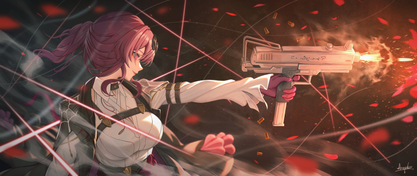 1girl arepko arm_up artist_name belt black_background black_belt black_choker black_jacket black_shorts breasts bullet choker closed_mouth collared_jacket collared_shirt eyewear_on_head gloves gun hair_between_eyes high-waist_shorts highres holding holding_gun holding_weapon honkai:_star_rail honkai_(series) jacket kafka_(honkai:_star_rail) large_breasts lipstick long_hair long_sleeves looking_to_the_side makeup open_clothes open_jacket petals pink_eyes ponytail puffy_long_sleeves puffy_sleeves purple_gloves purple_hair round_eyewear shirt shorts sidelocks smile solo spider_web_print standing sunglasses thread weapon white_shirt