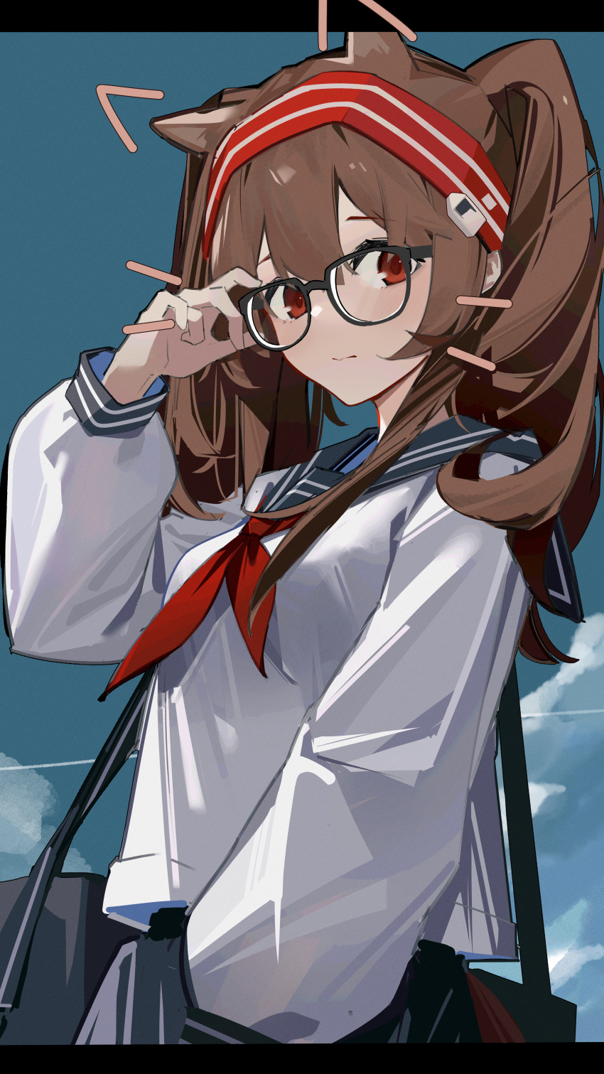 1girl absurdres adjusting_eyewear alternate_costume angelina_(arknights) animal_ears arknights bag bespectacled brown_hair chichi_guai closed_mouth commentary_request fox_ears fox_girl glasses grey-framed_eyewear grey_skirt hairband hand_on_eyewear hand_up highres letterboxed long_hair long_sleeves looking_at_viewer neckerchief red_eyes red_hairband red_neckerchief school_uniform serafuku shirt shoulder_bag skirt solo striped striped_hairband twintails white_shirt