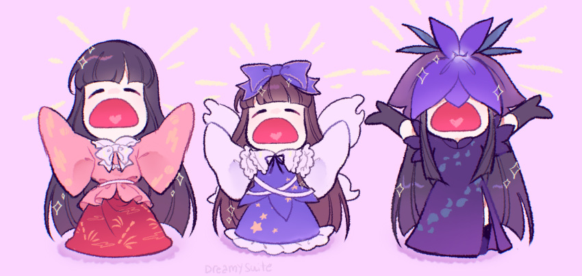 3girls black_gloves black_hair blunt_bangs bow bowtie brown_hair chibi closed_eyes collared_shirt commentary covered_eyes d: dreamysuite dress elbow_gloves english_commentary flower flower_on_head full_body gloves hair_bow heart heart_in_mouth highres hime_cut houraisan_kaguya long_hair long_skirt long_sleeves look-alike medium_bangs multiple_girls open_mouth pink_background pink_shirt print_skirt purple_bow purple_dress purple_flower purple_shirt purple_skirt red_skirt shirt sidelocks simple_background skirt sleeves_past_fingers sleeves_past_wrists standing star_(symbol) star_print star_sapphire touhou very_long_hair vine_print white_bow white_bowtie wide_sleeves yomotsu_hisami