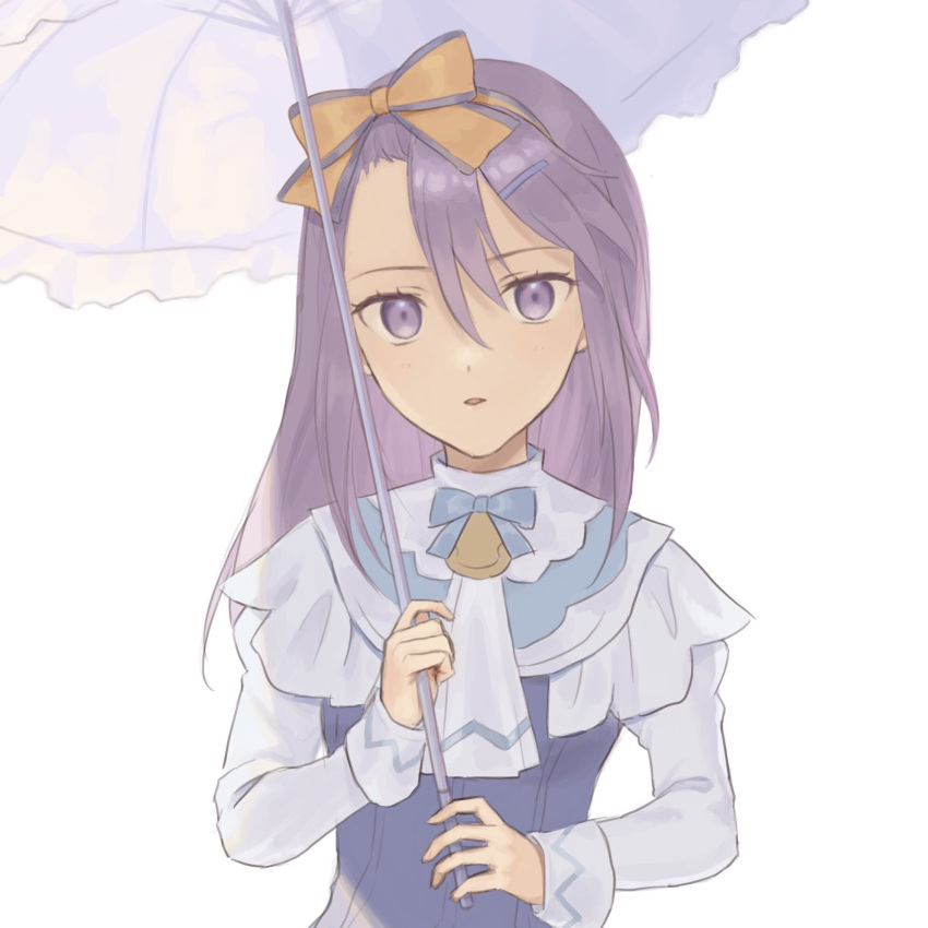 1girl bell blue_bow bow bow_hairband collar commentary_request hair_between_eyes hairband highres holding holding_umbrella juliet_sleeves long_hair long_sleeves looking_at_viewer orange_bow orange_hairband parasol parted_lips puffy_sleeves purple_hair rune_factory rune_factory_3 shirt simple_background sofia_jalapeno_viviage solo tanabe_rf umbrella upper_body violet_eyes white_background white_collar white_shirt white_umbrella