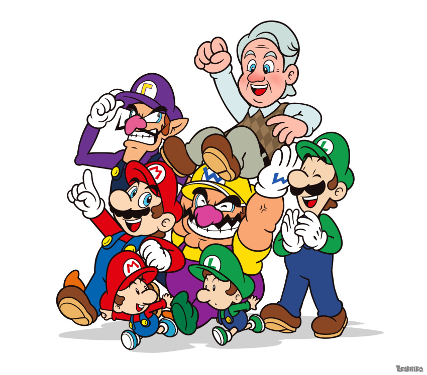 6+boys adjusting_clothes adjusting_headwear argyle baby_luigi baby_mario blue_eyes brown_hair buck_teeth carrying charles_martinet clapping dual_persona elcajarito english_commentary facial_hair grey_hair grin highres luigi male_focus mario multiple_boys muscular muscular_male mustache old old_man overalls parody pointing simple_background smile style_parody super_mario_bros. sweater_vest teeth voice_actor_connection walking waluigi wario white_background white_hair