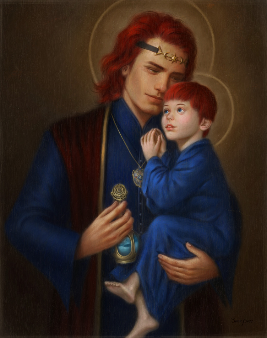 1boy 1girl absurdres barefoot blue_dress blue_eyes blue_robe brown_background carrying carrying_person crescent crescent_hair_ornament diadem dress elden_ring father_and_daughter gold_diadem gold_trim hair_ornament halo highres holding_vial jewelry king light_smile locket looking_at_another looking_up lunar_princess_ranni medium_hair parent_and_child pendant potion princess radagon_of_the_golden_order red_vest redhead robe samevanrijn short_hair star_(symbol) star_hair_ornament steepled_fingers vest vial yellow_eyes