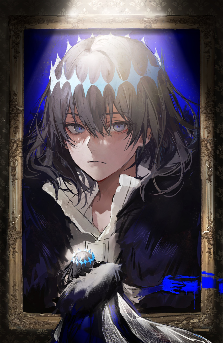 1boy absurdres black_coat black_hair blue_eyes closed_mouth coat expressionless fate/grand_order fate_(series) fur-trimmed_coat fur_trim hair_between_eyes highres light looking_at_viewer male_focus medium_hair multiple_views nang_z1 oberon_(fate) oberon_(third_ascension)_(fate) paint picture_(object) shirt solo standing upper_body white_shirt