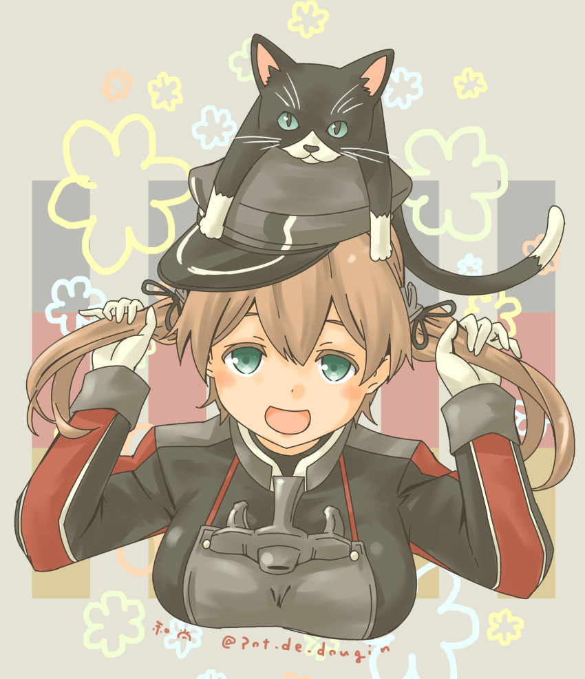 1girl absurdres anchor_hair_ornament anchor_ornament animal_on_head black_cat blonde_hair breasts cat cat_on_head commentary_request gloves green_eyes hair_ornament hat highres kantai_collection large_breasts long_hair low_twintails military_hat military_uniform on_head peaked_cap pot-de prinz_eugen_(kancolle) solo twintails twitter_username uniform unsinkable_sam upper_body white_gloves