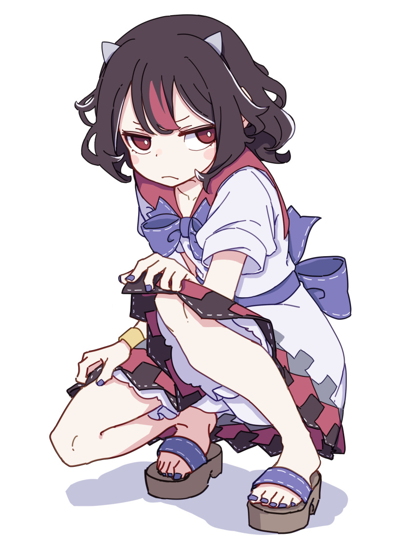 1girl absurdres barefoot black_hair blue_nails blush_stickers closed_mouth collarbone fingernails highres horns kame_(kamepan44231) kijin_seija multicolored_hair nail_polish one-hour_drawing_challenge red_eyes redhead sandals shirt short_hair short_sleeves simple_background skirt solo squatting streaked_hair toenail_polish toenails touhou white_background white_hair white_shirt white_skirt