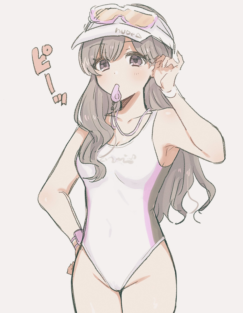 1b_104 1girl adjusting_hair blowing_whistle breasts collarbone cowboy_shot eyelashes goggles goggles_on_headwear grey_hair groin hand_on_own_hip highres idolmaster idolmaster_shiny_colors light_blush long_hair medium_breasts mouth_hold one-piece_swimsuit solo sound_effects swimsuit tareme translated violet_eyes whistle whistle_around_neck white_background white_headwear white_swimsuit yukoku_kiriko