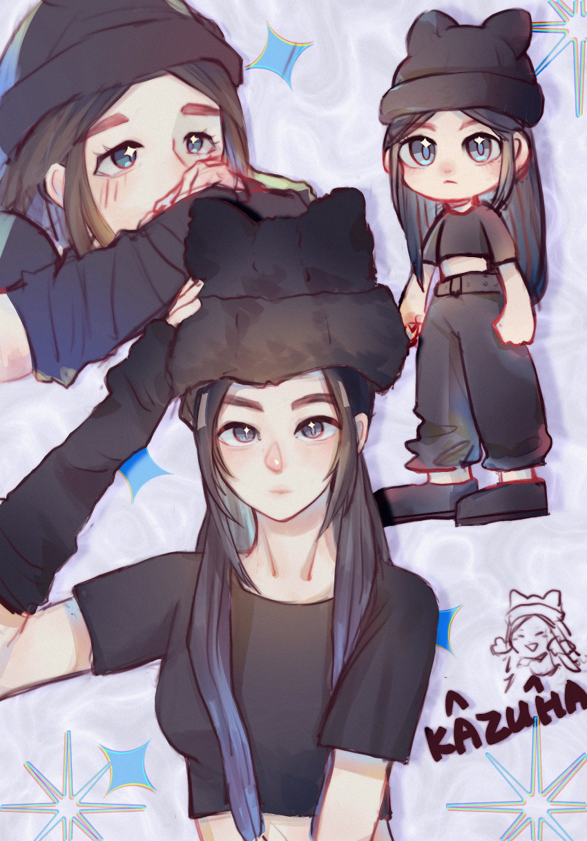 +_+ 1girl animification belt black_belt black_footwear black_gloves black_hair black_headwear black_pants black_shirt blue_eyes blue_hair chibi chinese_commentary clenched_hands cropped_shirt elbow_gloves fingerless_gloves gaga_(ishi0) gloves gradient_hair hair_behind_ear highres k-pop le_sserafim long_hair looking_at_viewer looking_up multicolored_hair multiple_views nakamura_kazuha own_hands_together pants real_life shirt sparkle very_long_hair