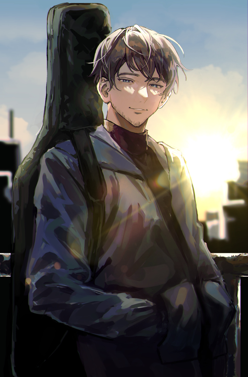 1boy absurdres blue_eyes blue_jacket blue_sky brown_hair building clouds facial_hair gajt8555 guitar_case hands_in_pockets happy highres instrument_case jacket light_smile long_hair looking_at_viewer male_focus meitantei_conan railing red_shirt scotch_(meitantei_conan) shirt sky solo squinting stubble sunset upper_body