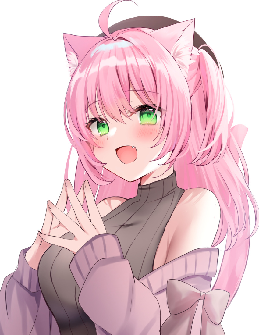1girl :d ahoge animal_ear_fluff animal_ears bare_shoulders beret blush bow breasts brown_headwear brown_sweater cat_ears cat_girl cat_tail commentary_request detached_sleeves fang green_eyes hair_between_eyes hamico hat highres large_breasts light_blush long_hair looking_at_viewer mixed-language_commentary original own_hands_together pink_bow pink_hair pink_sleeves ribbed_sweater simple_background sleeveless sleeveless_sweater sleeves_past_wrists smile sweater tail upper_body white_background