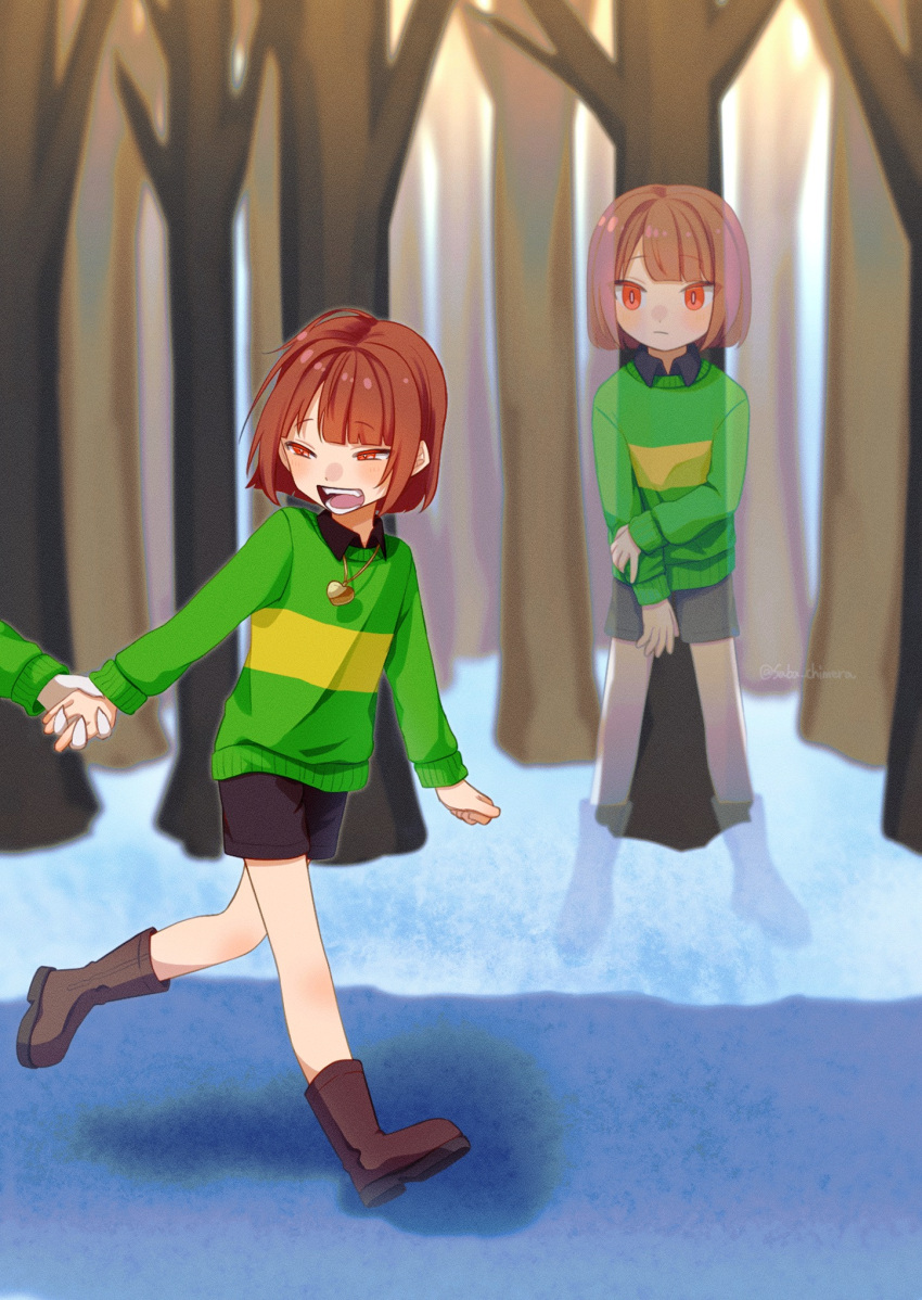 1boy 1other :d androgynous arm_at_side asriel_dreemurr black_shorts black_undershirt blunt_bangs blush bob_cut boots bright_pupils brown_footwear brown_hair collared_shirt day dual_persona expressionless forest frisk_(undertale) frown ghost green_sweater hand_grab hand_on_own_arm happy heart heart_necklace heart_pendant highres holding_own_arm jewelry knee_boots light_blush light_frown locket long_sleeves looking_at_another looking_back narrowed_eyes nature necklace out_of_frame outdoors path pendant raised_eyebrows red_eyes shirt short_hair short_shorts shorts single_horizontal_stripe smile snow solo_focus standing sweater tree two-tone_sweater undertale walking winter yellow_sweater