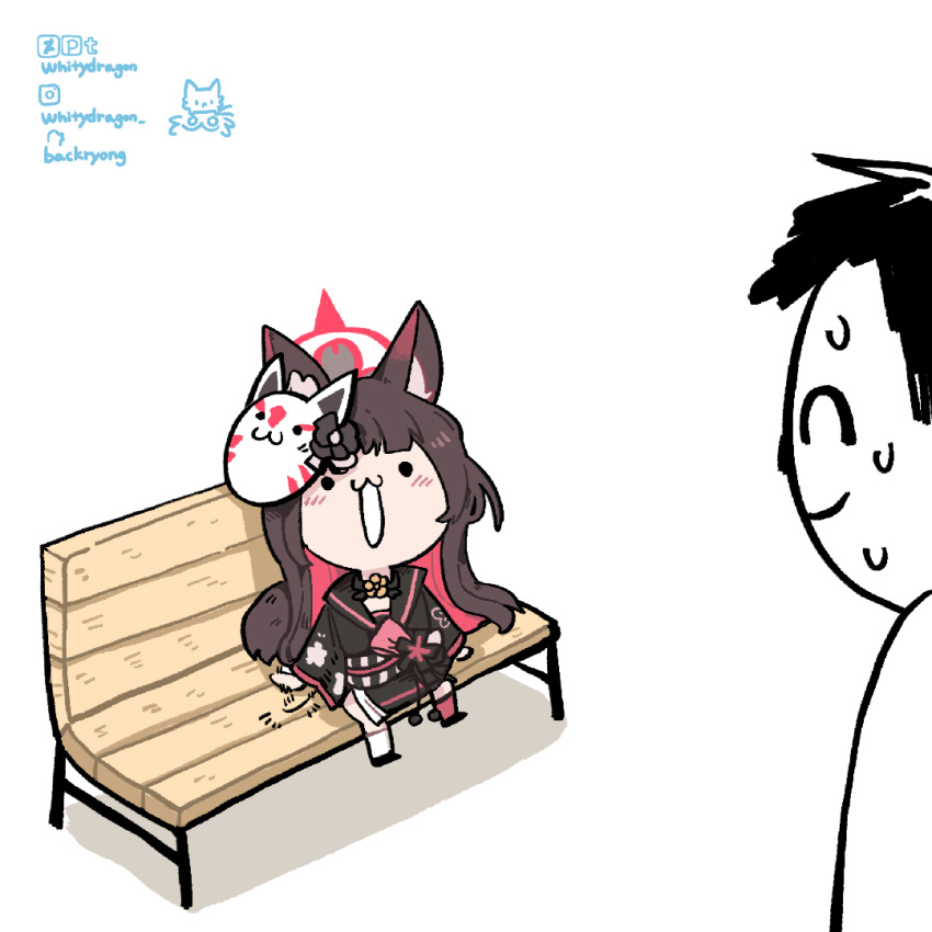 1boy 1girl :3 :d animal_ear_fluff animal_ears arona's_sensei_doodle_(blue_archive) asymmetrical_legwear bench black_hair blue_archive blunt_bangs blush chibi choker colored_inner_hair commentary english_commentary fox_ears fox_girl fox_mask fox_tail halo japanese_clothes long_hair long_sleeves looking_at_another mask mismatched_legwear multicolored_hair nervous_sweating obi out_of_frame park_bench sash school_uniform sensei_(blue_archive) serafuku sidelocks simple_background sitting_on_bench smile sweat tail two-tone_hair wakamo_(blue_archive) white_background whitydragon