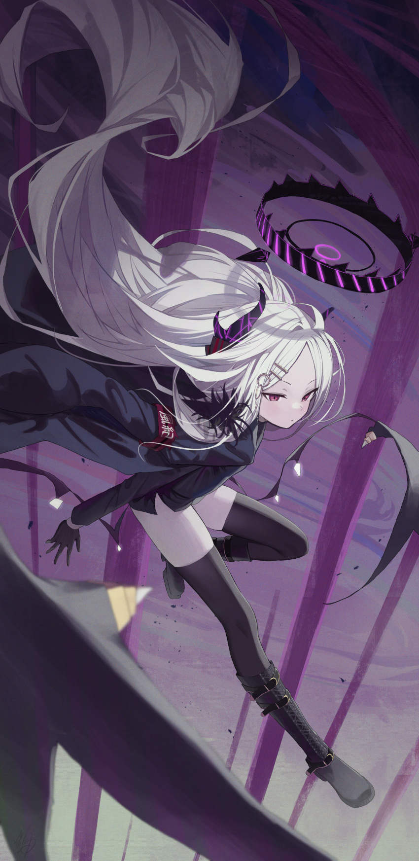 1girl absurdres black_footwear black_gloves black_jacket black_shirt blue_archive boots expressionless gloves hair_ornament hairclip halo hidulume highres hina_(blue_archive) horns jacket long_hair shirt solo thigh-highs violet_eyes white_hair