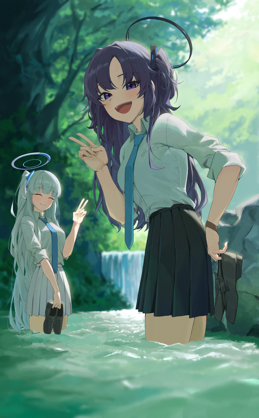2girls :d ^_^ absurdres alternate_hairstyle backlighting black_skirt blue_archive blunt_bangs blurry closed_eyes collared_shirt commentary_request depth_of_field forest hairband hand_on_own_hip headgear highres in_water leaning_forward long_hair looking_at_viewer multiple_girls nature noa_(blue_archive) outdoors parted_bangs pleated_skirt ponytail purple_hair river school_uniform shirt sidelocks skirt sleeves_rolled_up smile summer_uniform tai_saka triangle_hair_ornament two_side_up v violet_eyes water waterfall white_hair white_shirt white_skirt yuuka_(blue_archive)