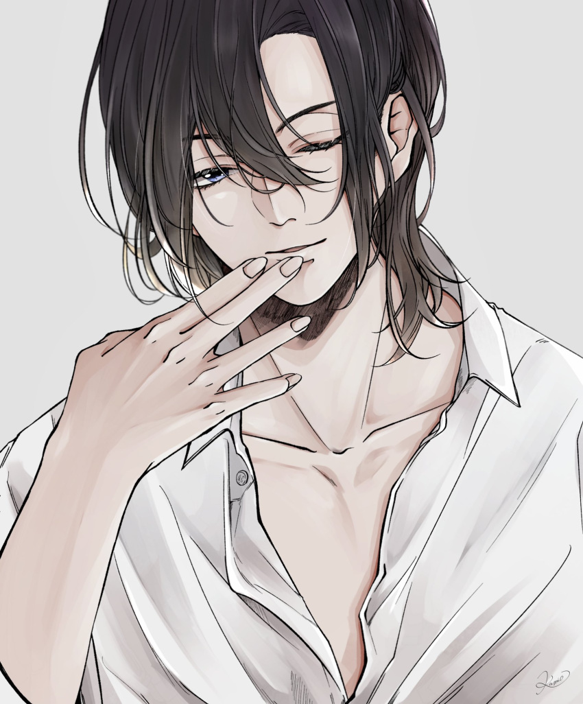 1boy blue_eyes brown_hair collarbone collared_shirt dress_shirt hagiwara_kenji hair_between_eyes hand_to_own_mouth highres light_smile long_hair looking_at_viewer male_focus meitantei_conan one_eye_closed open_mouth shirt simple_background sleeves_rolled_up solo syarara23 unbuttoned unbuttoned_shirt upper_body white_background white_shirt