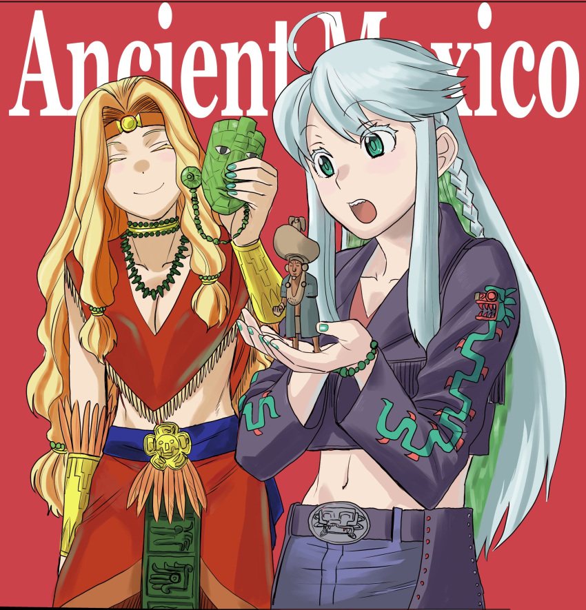 2girls aztec blonde_hair blue_hair breasts colored_inner_hair cropped_jacket crystal_hair fate/grand_order fate_(series) highres hiroe_rei kukulkan_(fate) large_breasts light_blue_hair long_hair mask multicolored_hair multiple_girls official_art quetzalcoatl_(fate) shrug_(clothing) smile snake_print