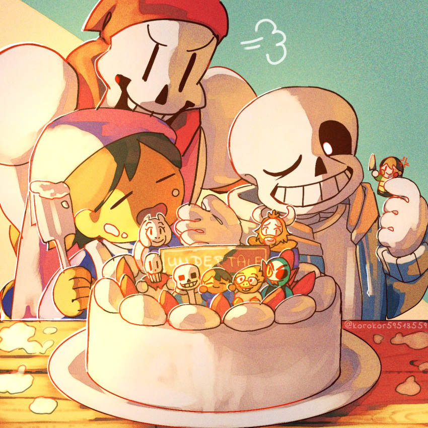 1other 2boys alphys apron asriel_dreemurr black_hair blue_jacket brothers cake chara_(undertale) child copyright_name food food_on_face frisk_(undertale) fruit highres hood hood_down hooded_jacket jacket korokor59513559 looking_at_another multiple_boys one_eye_closed open_clothes open_jacket open_mouth papyrus_(undertale) red_scarf sans scarf shirt short_hair siblings skeleton smile strawberry strawberry_slice teeth toriel twitter_username undertale undyne white_apron white_shirt