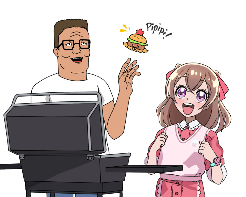 1boy 1girl brown_hair burger clenched_hands crossover delicious_party_precure english_text ffgghhjj floating floating_object food glasses grill hair_ribbon hank_hill happy king_of_the_hill looking_at_object nagomi_yui open_mouth precure recipipi ribbon smile sweater violet_eyes watch white_background