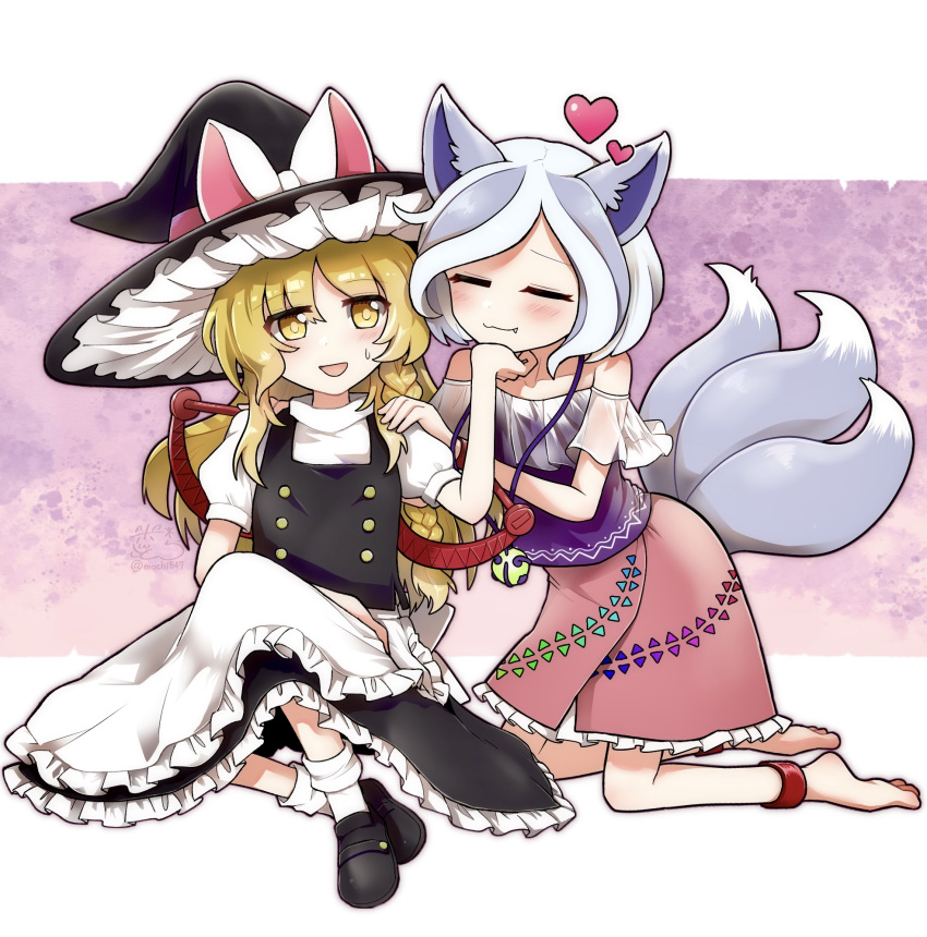 2girls animal_ears apron bare_shoulders black_footwear black_skirt black_vest blonde_hair blush bow buttons closed_eyes closed_mouth fang foothold_trap frilled_apron frilled_hat frilled_skirt frills hand_on_own_hip hands_on_own_head hat hat_bow heart highres jewelry kirisame_marisa kneeling long_hair mitsugashira_enoko mochi547 multiple_girls multiple_tails necklace pink_skirt puffy_short_sleeves puffy_sleeves shirt shoes short_hair short_sleeves sitting skirt socks sweatdrop tail touhou two-tone_bow unfinished_dream_of_all_living_ghost vest white_apron white_hair white_shirt white_socks witch_hat wolf_ears wolf_girl wolf_tail yellow_eyes