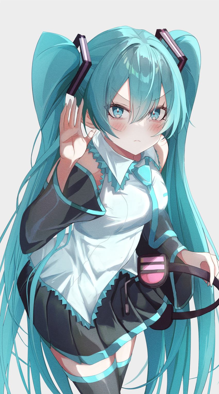 &gt;:( 1girl :&lt; absurdres aqua_eyes aqua_hair aqua_necktie aqua_skirt bare_shoulders black_skirt black_sleeves blush breasts collared_shirt commentary_request concentrating cowboy_shot detached_sleeves frown hair_between_eyes hatsune_miku headset headwear_removed highres kawasuru_(15miclon) leaning_forward listening long_hair looking_at_viewer medium_breasts multicolored_clothes multicolored_skirt necktie open_hand pink_headphones pleated_skirt shirt simple_background skirt solo split_mouth thigh-highs twintails v-shaped_eyebrows very_long_hair vocaloid white_background white_shirt