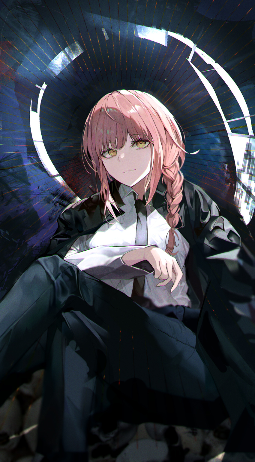 1girl black_coat black_necktie black_pants braid chainsaw_man closed_mouth coat collared_shirt commentary_request crossed_legs highres i!roha long_hair long_sleeves looking_ahead makima_(chainsaw_man) necktie open_clothes open_coat pants pink_hair ringed_eyes shirt side_braid sitting smile solo white_shirt yellow_eyes