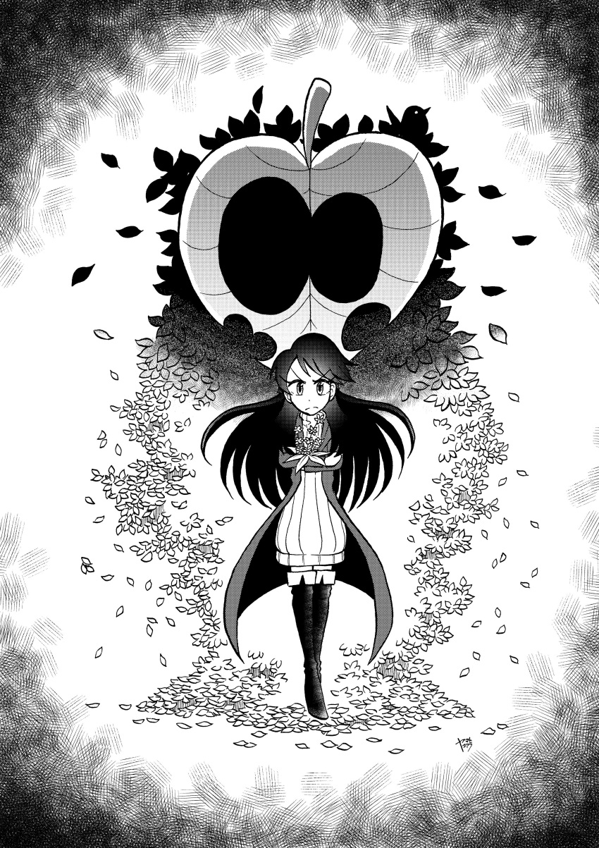 1girl absurdres asymmetrical_bangs bird boots closed_mouth coat collared_coat commentary_request crossed_arms crosshatching dress eyelashes flower frown full_body greyscale hatching_(texture) highres holding holding_flower koaraymt leaf long_hair monochrome monster open_clothes open_coat original striped striped_dress sweater sweater_dress thigh_boots v-shaped_eyebrows vertical-striped_dress vertical_stripes