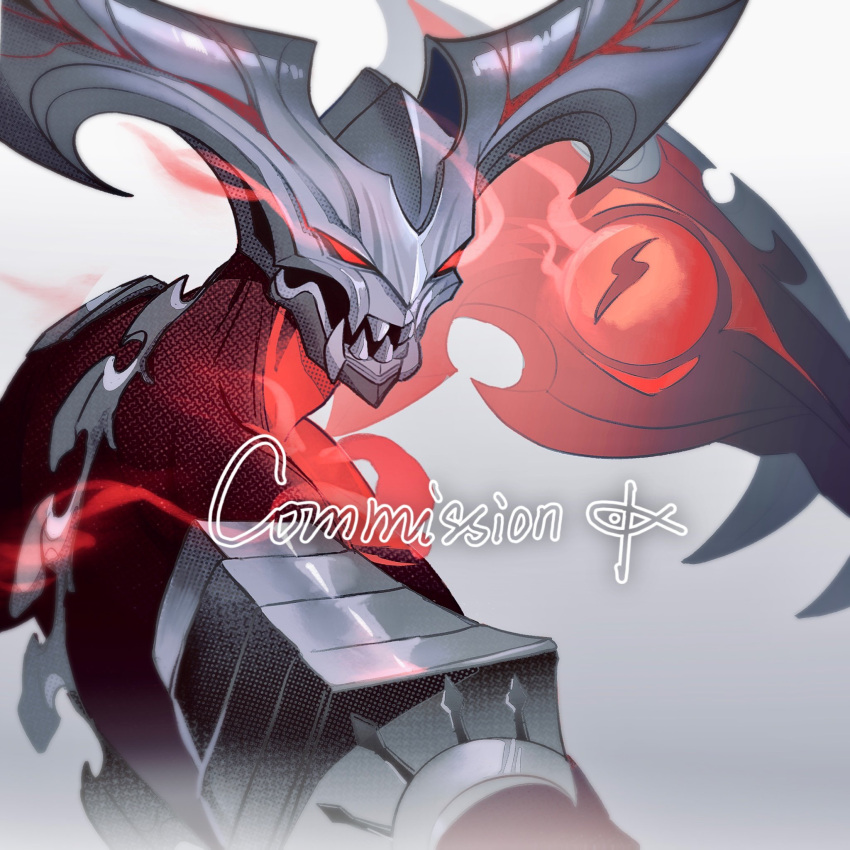 1boy armor commission demon demon_boy demon_horns fiiiiiiisher7 glowing glowing_eyes gradient_background grey_background highres holding holding_scythe holding_weapon horns league_of_legends looking_at_viewer male_focus open_mouth red_eyes rhaast scythe sharp_teeth shoulder_armor simple_background solo teeth third_eye upper_body v-shaped_eyes weapon