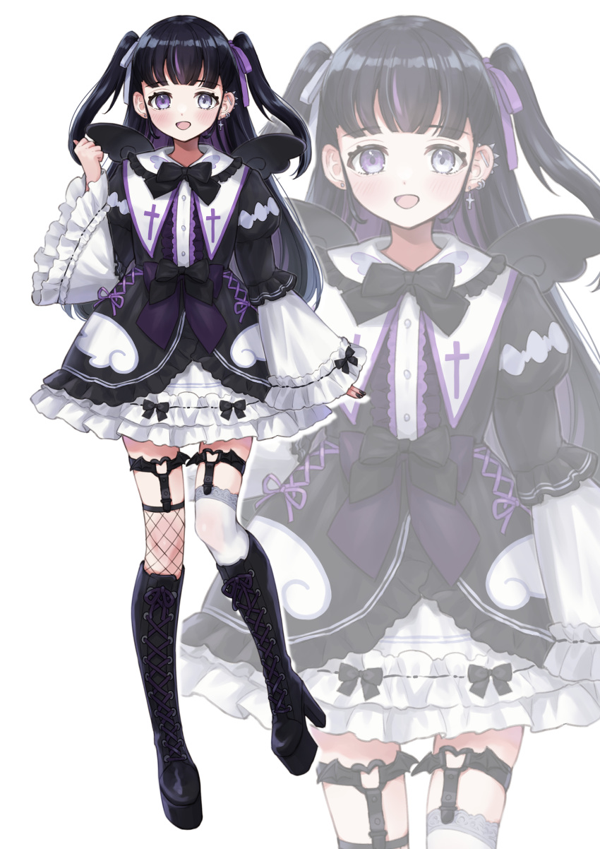 1girl :d absurdres asymmetrical_legwear black_bow black_dress black_footwear black_hair black_nails black_wings boots bow dress ear_piercing earrings fishnet_thighhighs fishnets frilled_dress frilled_sleeves frills gothic_lolita hair_ribbon hand_up heterochromia highres jewelry light_blush lolita_fashion long_hair looking_at_viewer mismatched_legwear multicolored_hair nail_polish open_mouth original piercing purple_hair ribbon sahara1127 smile solo streaked_hair thigh-highs twintails violet_eyes white_thighhighs wide_sleeves wing_print wings