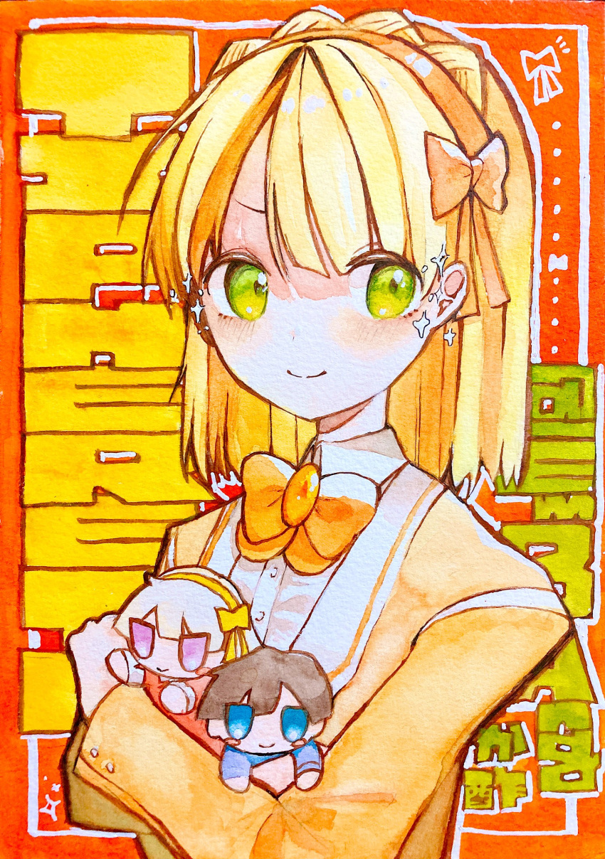 absurdres blonde_hair blush bow bowtie braid character_doll closed_mouth coat crown_braid em3ang enoch_(project_moon) graphite_(medium) hair_bow hairband highres library_of_ruina lisa_(project_moon) lobotomy_corporation medium_hair orange_bow orange_bowtie orange_hairband painting_(medium) project_moon shirt smile sparkling_eyes tiphereth_a_(project_moon) traditional_media watercolor_(medium) white_shirt yellow_coat