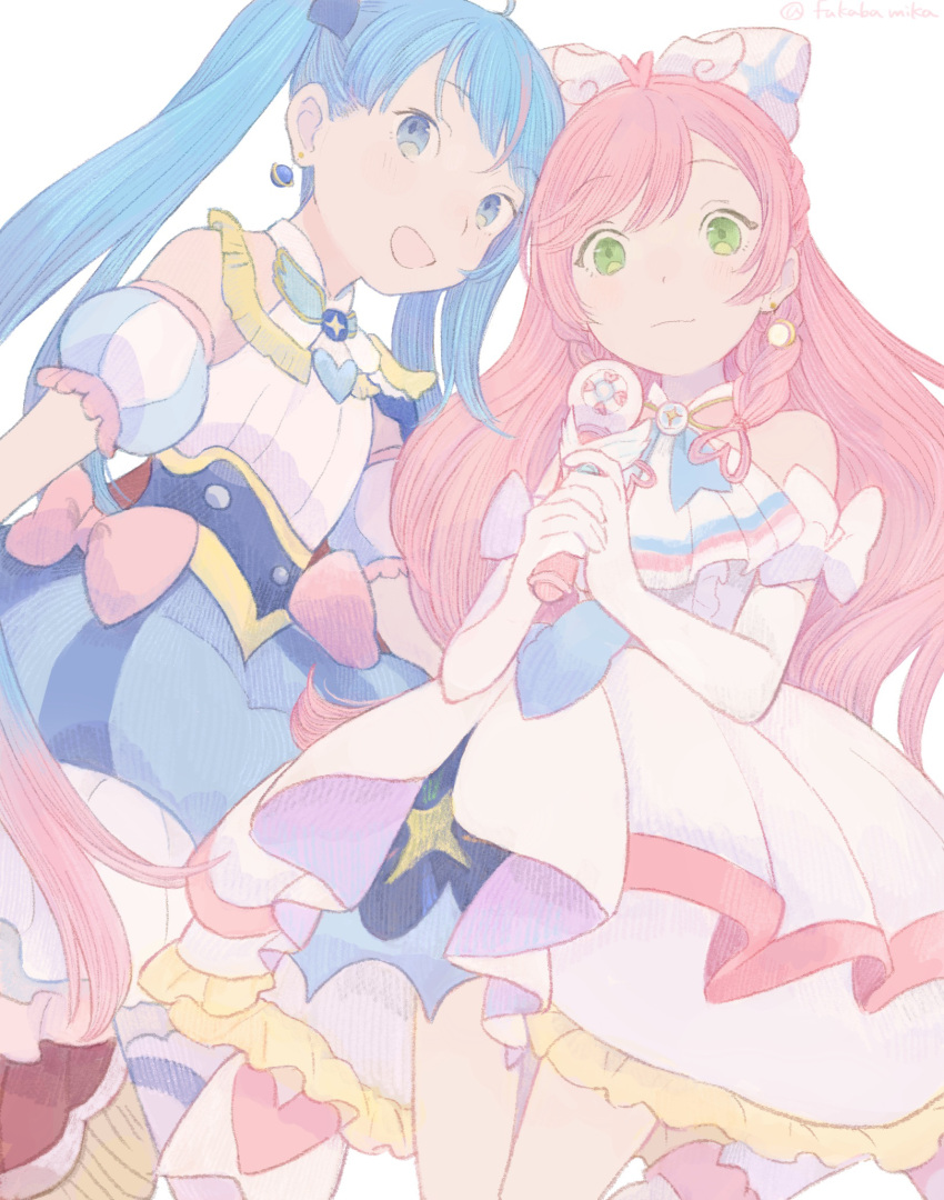 2girls :d ascot asymmetrical_bangs blue_eyes blue_hair blue_skirt bow braid commentary_request crescent crescent_earrings cure_prism cure_sky detached_sleeves dress earrings elbow_gloves flipped_hair frilled_dress frills fukaba_mika gloves green_eyes hair_bow highres hirogaru_sky!_precure holding holding_microphone jewelry layered_skirt long_hair looking_at_viewer magical_girl microphone multiple_girls nijigaoka_mashiro open_mouth pink_bow pink_hair precure puffy_detached_sleeves puffy_sleeves shirt side_braids simple_background single_earring skirt sleeveless sleeveless_dress smile sora_harewataru standing very_long_hair white_ascot white_background white_bow white_dress white_gloves white_shirt wing_hair_ornament