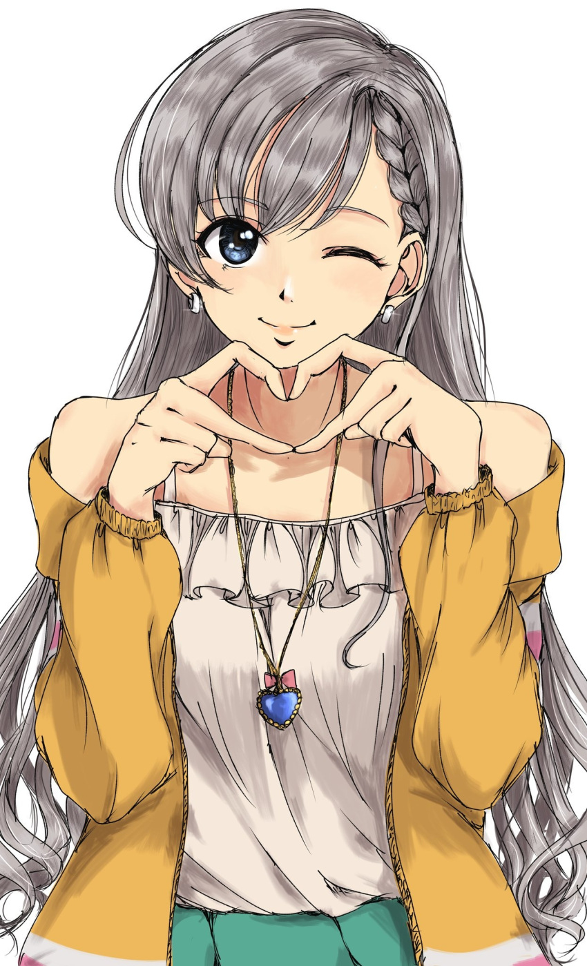 1girl bare_shoulders blue_eyes blush braid braided_bangs breasts closed_mouth earrings finger_heart frilled_shirt frills gatsby_ssl green_skirt grey_hair hands_up heart heart_necklace highres hisakawa_hayate idolmaster idolmaster_cinderella_girls idolmaster_cinderella_girls_starlight_stage jacket jewelry long_hair long_sleeves looking_at_viewer medium_breasts necklace off_shoulder one_eye_closed open_clothes open_jacket shirt simple_background skirt smile solo upper_body very_long_hair white_background white_shirt yellow_jacket