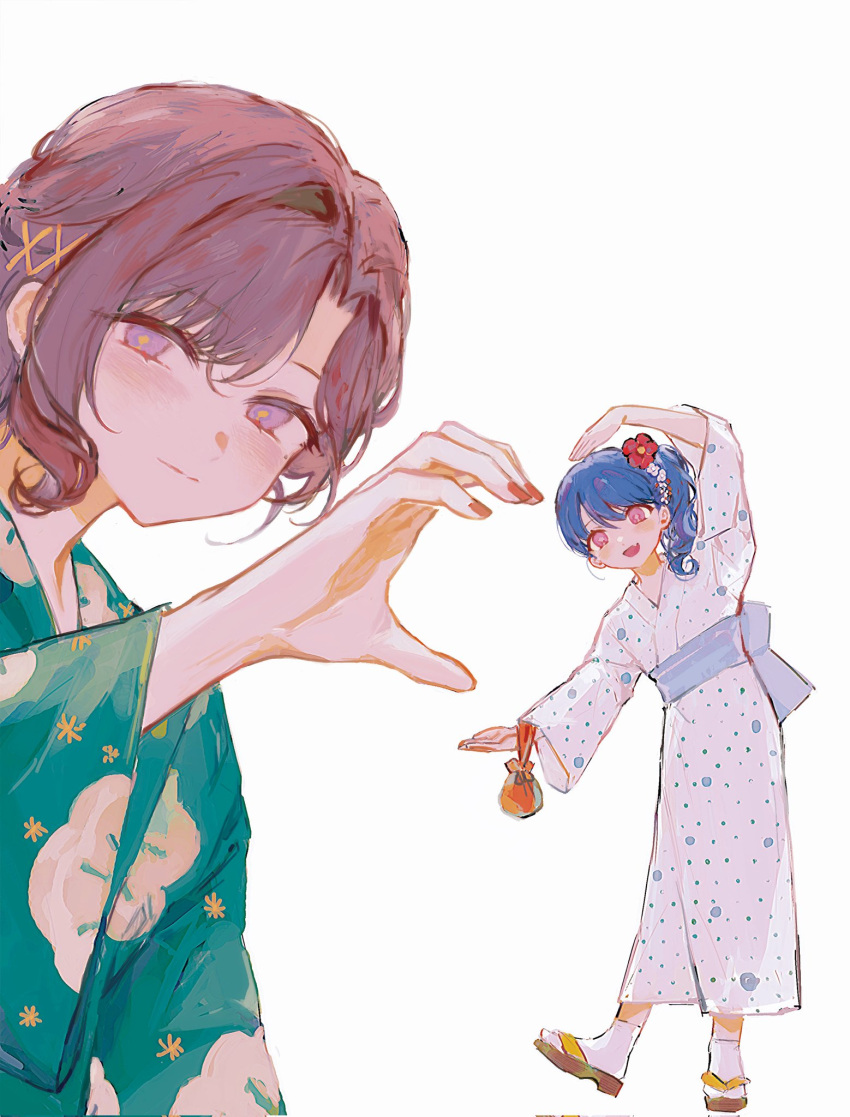 2girls blue_hair blush brown_hair dark_blue_hair fang fingernails flower fukumaru_koito hair_flower hair_ornament heart heart_hands heart_hands_duo highres higuchi_madoka idolmaster idolmaster_shiny_colors japanese_clothes kimono kkuang light_smile looking_at_viewer mole mole_under_eye multiple_girls nail_polish perspective print_kimono side_ponytail simple_background skin_fang tabi white_background