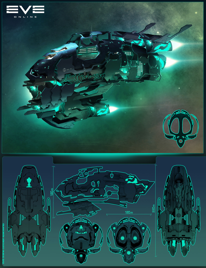 3d 55eba55tian absurdres aqua_theme blueprint_(medium) commentary concept_art copyright_name cruiser_(eve_online) eve_online flying from_side gallente_federation_(eve_online) glowing highres logo military_vehicle multiple_views nebula no_humans original outdoors realistic reference_sheet science_fiction sky spacecraft star_(sky) starry_sky thrusters vehicle_focus
