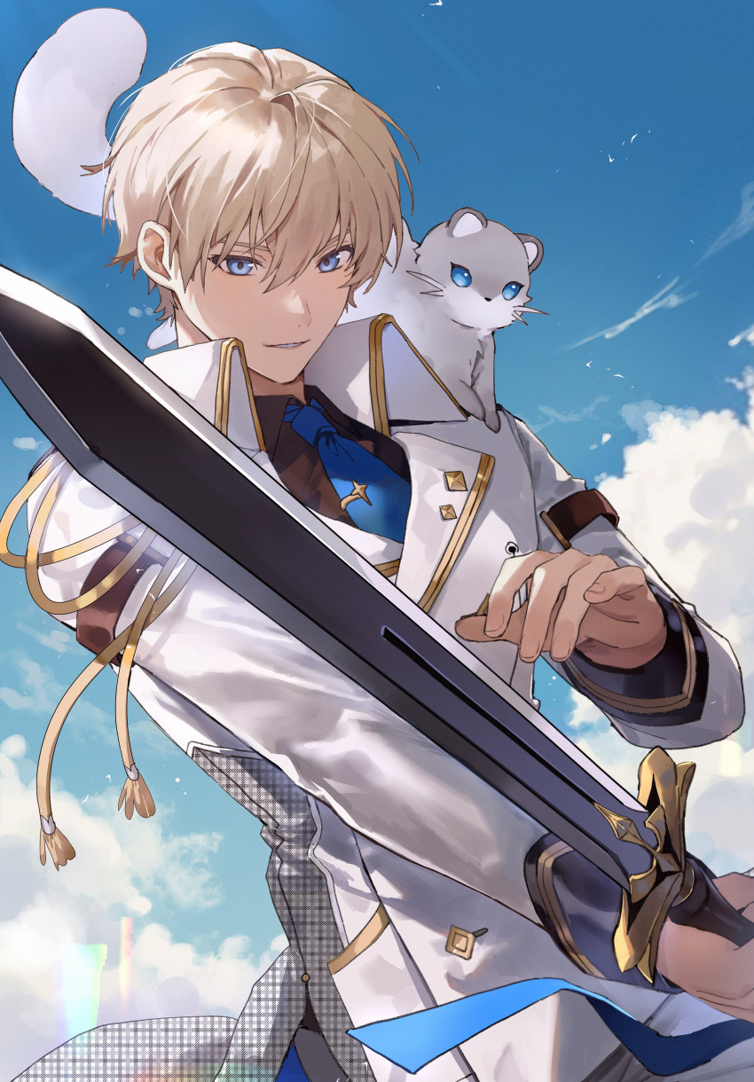 1boy absurdres black_shirt blonde_hair blue_eyes blue_necktie blue_ribbon blue_sky clouds hair_between_eyes high_collar highres holding holding_sword holding_weapon holostars kishido_temma light_smile looking_at_viewer male_focus necktie ribbon shirt short_hair sky solo standing suit sword upper_body weapon white_suit yonsang_(swordmaster)
