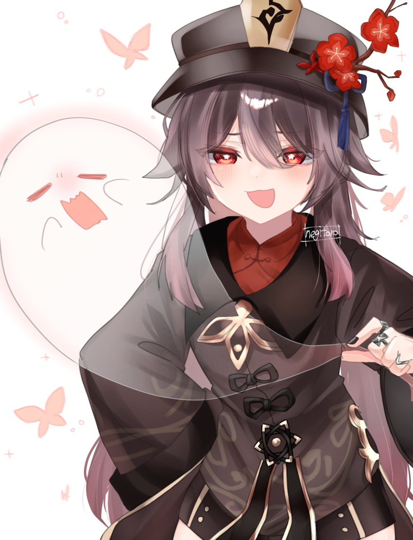 1girl :d black_headwear black_nails boo_tao_(genshin_impact) bright_pupils brown_coat brown_hair brown_shorts coat flower flower-shaped_pupils genshin_impact ghost hair_between_eyes hand_on_own_hip hat hat_flower hat_tassel highres hu_tao_(genshin_impact) jewelry long_hair looking_at_viewer multiple_rings red_eyes red_shirt ring shirt shorts simple_background smile solo symbol-shaped_pupils twintails upper_body uzukin_(uzu_kazu411) white_background white_pupils wide_sleeves