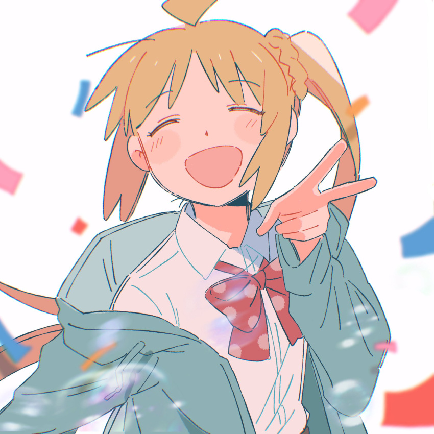 1girl :d ^_^ ahoge blonde_hair blue_jacket blush bocchi_the_rock! bow closed_eyes collared_shirt commentary_request confetti facing_viewer hand_up happy highres ijichi_nijika jacket long_hair long_sleeves open_mouth red_bow sachi_0037 shirt side_ponytail sidelocks smile solo upper_body v very_long_hair white_background white_shirt