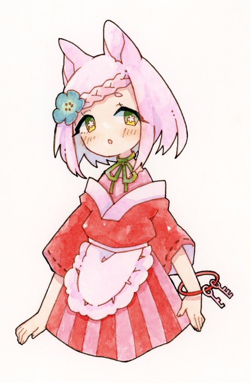 1girl :o animal_ears apron black_outline blue_flower blush braid choker dress flower flower-shaped_pupils green_eyes green_ribbon hair_flower hair_ornament highres keyring looking_at_viewer lupin_strawberry original outline parted_lips pink_hair red_dress ribbon ribbon_choker short_hair short_sleeves simple_background solo striped striped_dress symbol-shaped_pupils traditional_media vertical-striped_dress vertical_stripes waist_apron white_apron white_background