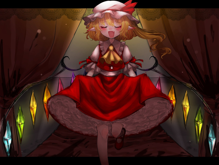1girl aorin_oekaki ascot blonde_hair blush crystal curtains curtsey embodiment_of_scarlet_devil fang flandre_scarlet hat hat_ribbon highres mary_janes mob_cap open_mouth petticoat pointy_ears puffy_sleeves red_footwear ribbon shirt shoes short_hair short_sleeves side_ponytail skirt smile solo touhou wings