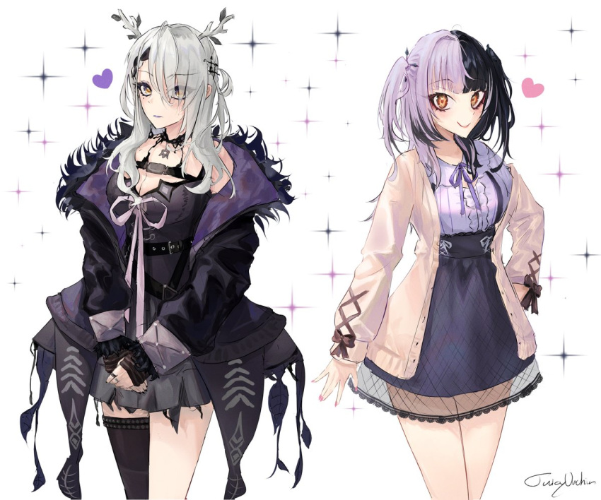 2girls antlers belt black_belt black_dress black_hair black_nails black_skirt black_thighhighs blush braid braided_bangs brown_ribbon cardigan ceres_fauna ceres_fauna_(3rd_costume) ceres_fauna_(cosplay) chest_belt choker coat cosplay costume_switch dress frilled_shirt_collar frills fur-trimmed_coat fur_trim grey_hair hair_ornament hair_ribbon hand_on_own_hip heart high-waist_skirt hololive hololive_english jewelry juicyurchin lipstick long_hair long_sleeves looking_at_viewer makeup mole mole_under_eye multicolored_hair multiple_girls open_cardigan open_clothes own_hands_together pink_nails purple_ribbon ribbon ring see-through shiori_novella shiori_novella_(cosplay) shirt single_thighhigh skirt sleeveless sleeveless_dress smile sparkle split-color_hair thigh-highs two-tone_hair two_side_up virtual_youtuber white_hair white_shirt yellow_eyes