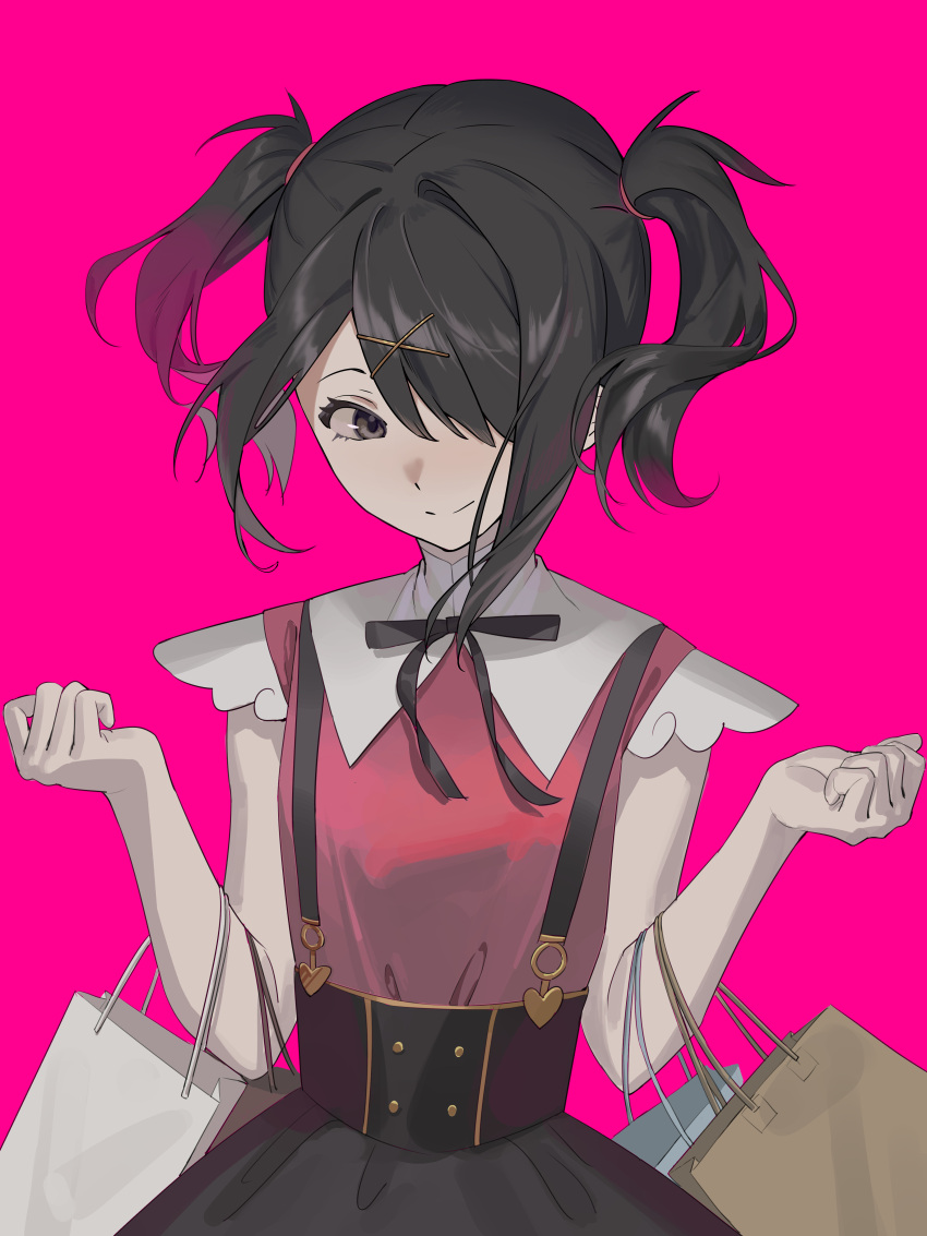1girl absurdres ame-chan_(needy_girl_overdose) bag black_eyes black_hair black_ribbon black_skirt closed_mouth collar collared_shirt commentary_request hair_ornament hair_over_one_eye hair_tie hairclip hands_up highres holding holding_bag long_hair mu_gu_gu neck_ribbon needy_girl_overdose pink_background red_background red_shirt ribbon shirt shirt_tucked_in shopping_bag simple_background skirt smile solo suspender_skirt suspenders twintails white_collar x_hair_ornament