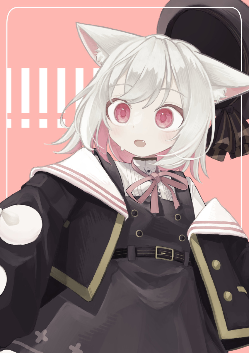 ! !! 1girl absurdres animal_ear_fluff animal_ears belt cat_ears coefont commentary_request dress fang grey_hair hat highres jacket jacket_partially_removed medium_hair neck_ribbon neko_no_sayo open_clothes open_jacket open_mouth pinafore_dress pink_background pink_eyes pink_ribbon ribbon sailor_collar shirt sleeveless sleeveless_dress solo surprised t_h_o_m voicevox white_sailor_collar white_shirt wide-eyed