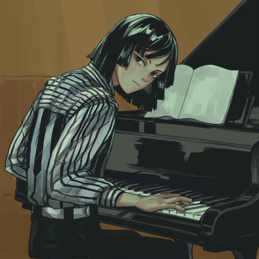1boy absurdres belt black_hair bob_cut book brown_background closed_mouth commentary english_commentary florbetriz from_behind highres indoors instrument long_sleeves looking_at_viewer looking_back looking_to_the_side male_focus monju_shiro_kyodai music open_book piano playing_instrument playing_piano red_eyes shirt short_hair simple_background sitting solo striped striped_shirt swept_bangs