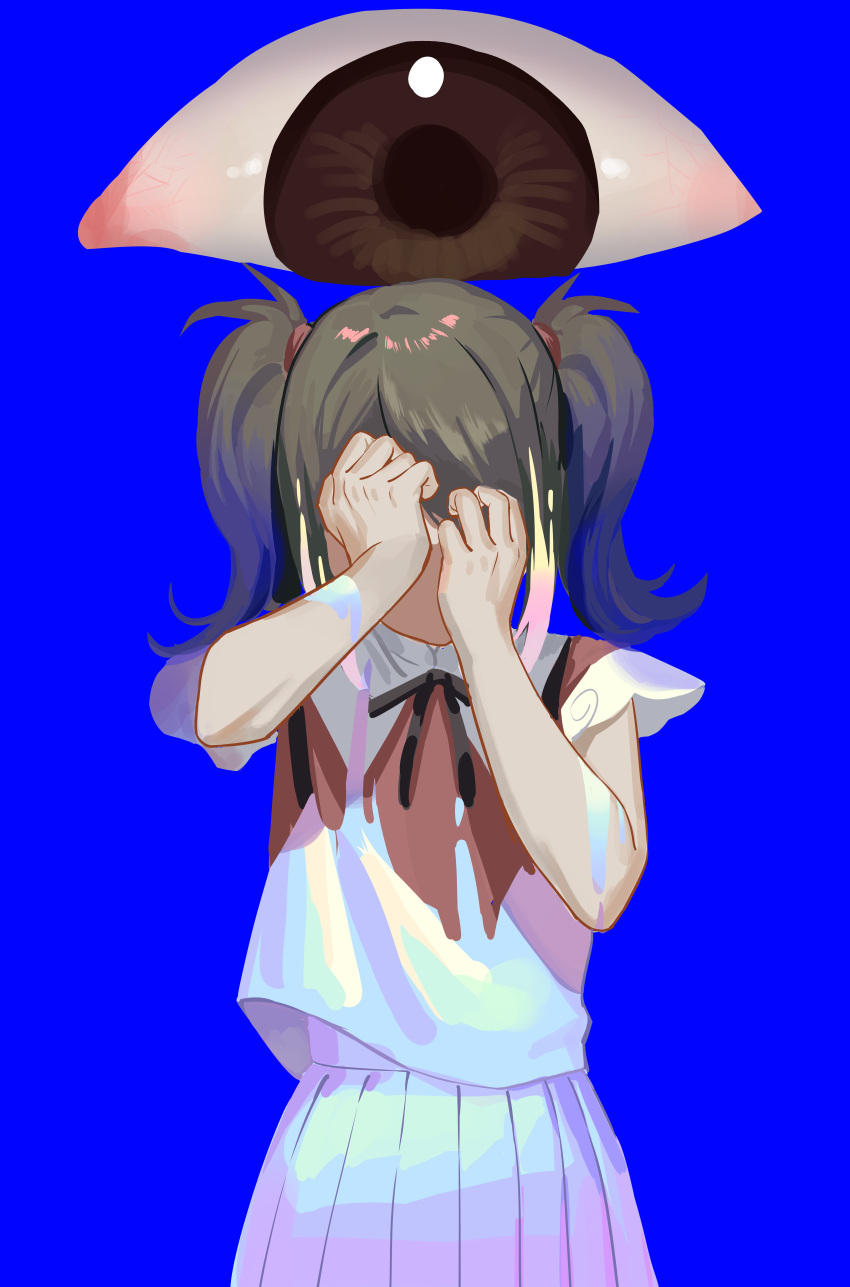 1girl absurdres ame-chan_(needy_girl_overdose) black_hair black_ribbon blue_background blue_shirt blue_skirt brown_eyes chouzetsusaikawa_tenshi-chan collar collared_shirt covering_face disembodied_eye facing_viewer fusion hair_tie hands_on_own_face hands_up highres long_hair looking_at_another mu_gu_gu neck_ribbon needy_girl_overdose pleated_skirt red_shirt ribbon shirt simple_background skirt solo suspenders twintails white_collar