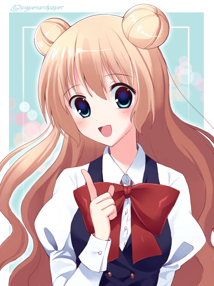 1girl :d blue_eyes blue_vest bow brown_hair collared_shirt commentary_request double_bun dress_shirt hair_between_eyes hair_bun hand_up highres index_finger_raised juliet_sleeves long_hair long_sleeves looking_at_viewer numbers_(pigpenandpaper) original puffy_sleeves red_bow shirt smile solo twitter_username upper_body very_long_hair vest white_shirt