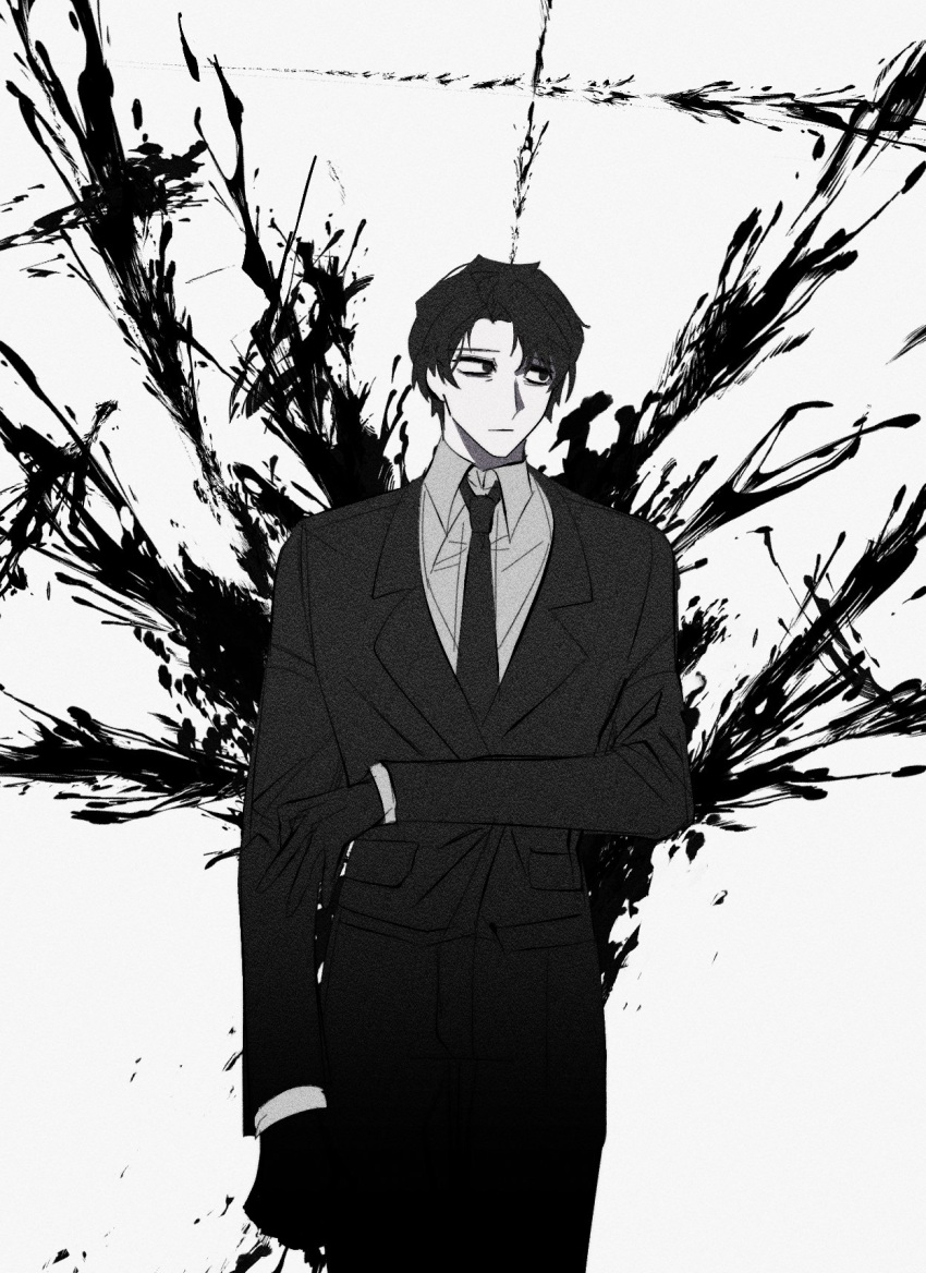 1boy arm_at_side black_blood black_eyes black_gloves black_hair black_jacket black_necktie black_pants blood closed_mouth collared_shirt cosmichorror gloves hand_on_own_arm highres jacket library_of_ruina long_sleeves looking_to_the_side necktie pants parted_bangs pocket project_moon roland_(library_of_ruina) shirt simple_background sword weapon white_background white_shirt wing_collar