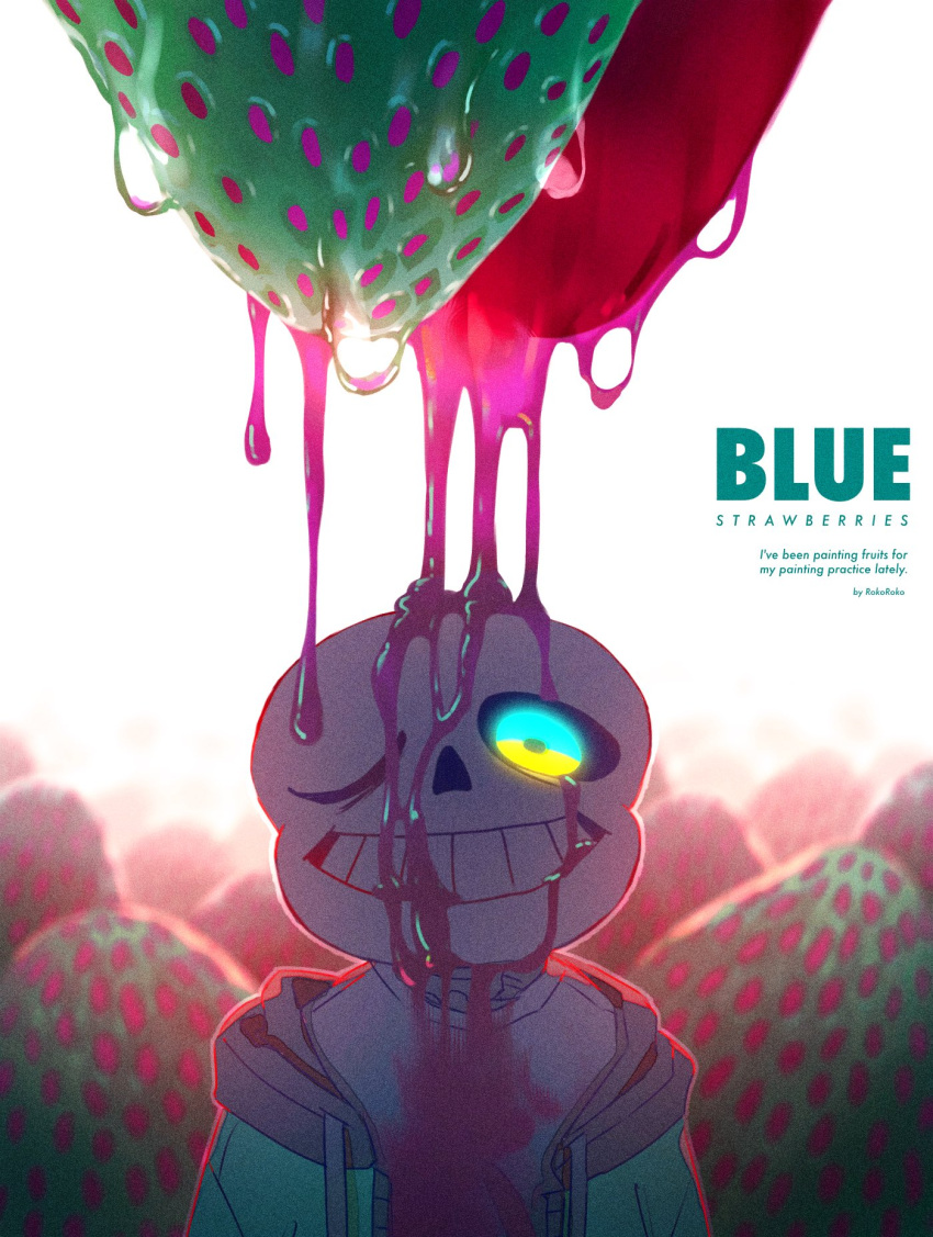 1boy artist_name blue_jacket english_text food fruit highres hood hood_down hooded_jacket jacket korokor59513559 looking_at_viewer male_focus one_eye_closed open_clothes open_jacket sans shirt skeleton solo strawberry teeth undertale upper_body water white_shirt