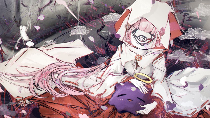 1girl absurdres akiyama_kou blunt_bangs cloak commentary covered_face english_commentary flower_knot halo highres hololive hololive_english holomyth hood hood_up hooded_cloak japanese_clothes long_hair long_sleeves mask pink_hair psd_available ribbon-trimmed_sleeves ribbon_trim sitting takodachi_(ninomae_ina'nis) very_long_hair virtual_youtuber wahtcher_(ninomae_ina'nis) white_cloak white_hair wide_sleeves