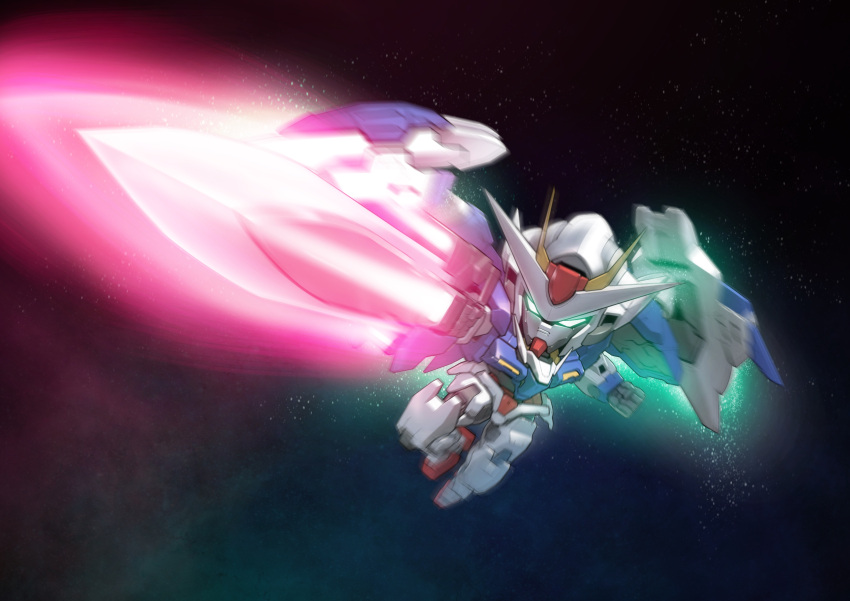 00_gundam 00_raiser absurdres black_background chibi clenched_hand exhaust flying foreshortening glowing glowing_eyes green_eyes gun gunblade gundam gundam_00 highres holding holding_gun holding_sword holding_weapon light_particles making-of_available mecha mobile_suit motion_blur no_humans robot science_fiction sd_gundam solo sword v-fin weapon zakuma