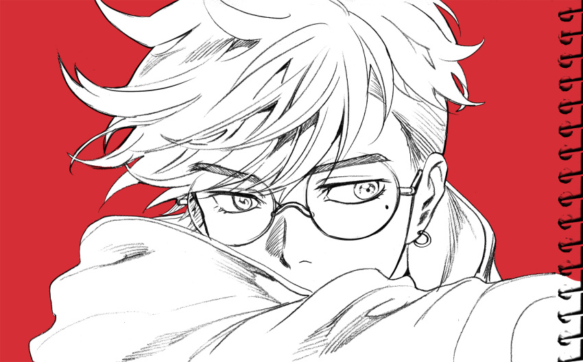 1boy 302 covered_mouth earrings glasses greyscale_with_colored_background highres jewelry male_focus mole mole_under_eye monochrome portrait red_background round_eyewear short_hair sideways_glance simple_background solo trigun trigun_stampede vash_the_stampede