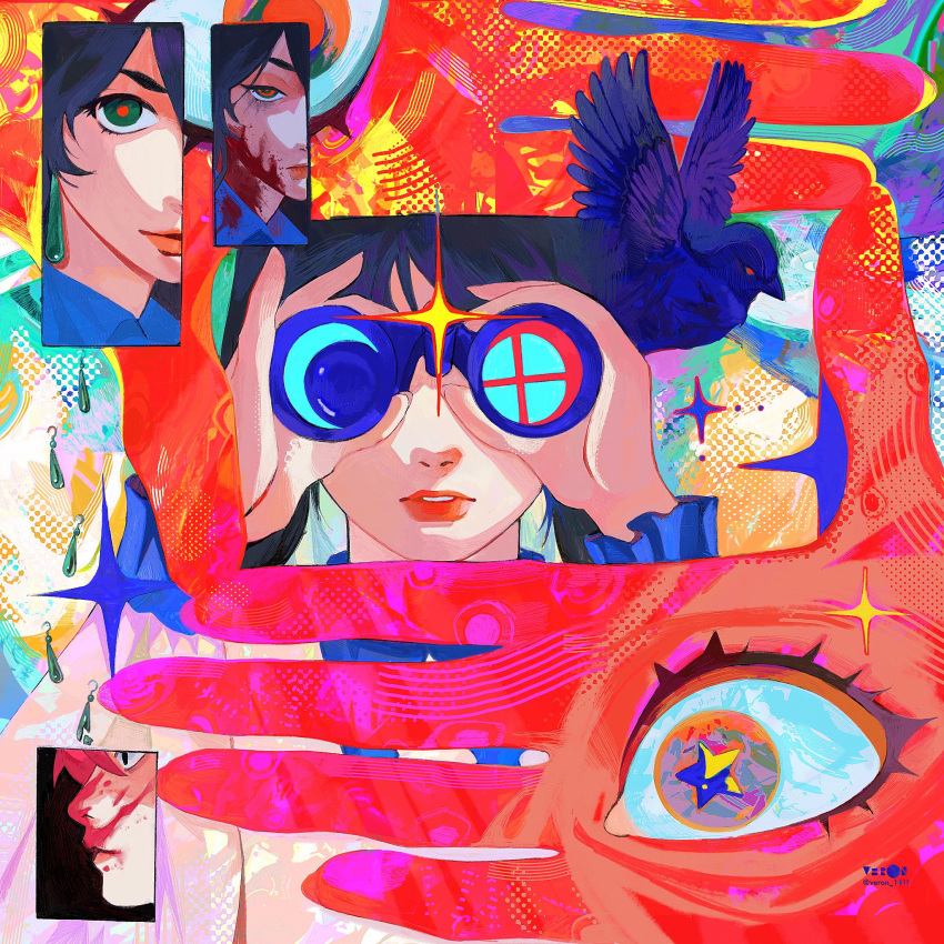 1girl artist_name binoculars bird black_hair blood blood_on_clothes blood_on_face crow earrings english_commentary expressionless green_eyes hair_between_eyes highres holding holding_binoculars jewelry long_sleeves looking_at_viewer multiple_views original parted_lips red_eyes red_pupils shirt smile star_(symbol) star_in_eye symbol_in_eye upper_body veron_1411 white_shirt
